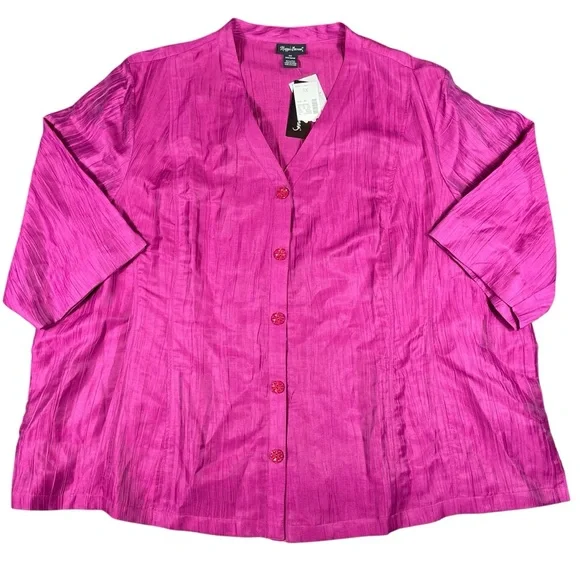 NWT Maggie Barnes Women Pink Purple Linen Blend Button Up Blouse Top Shirt Sz 5X - Picture 1 of 11
